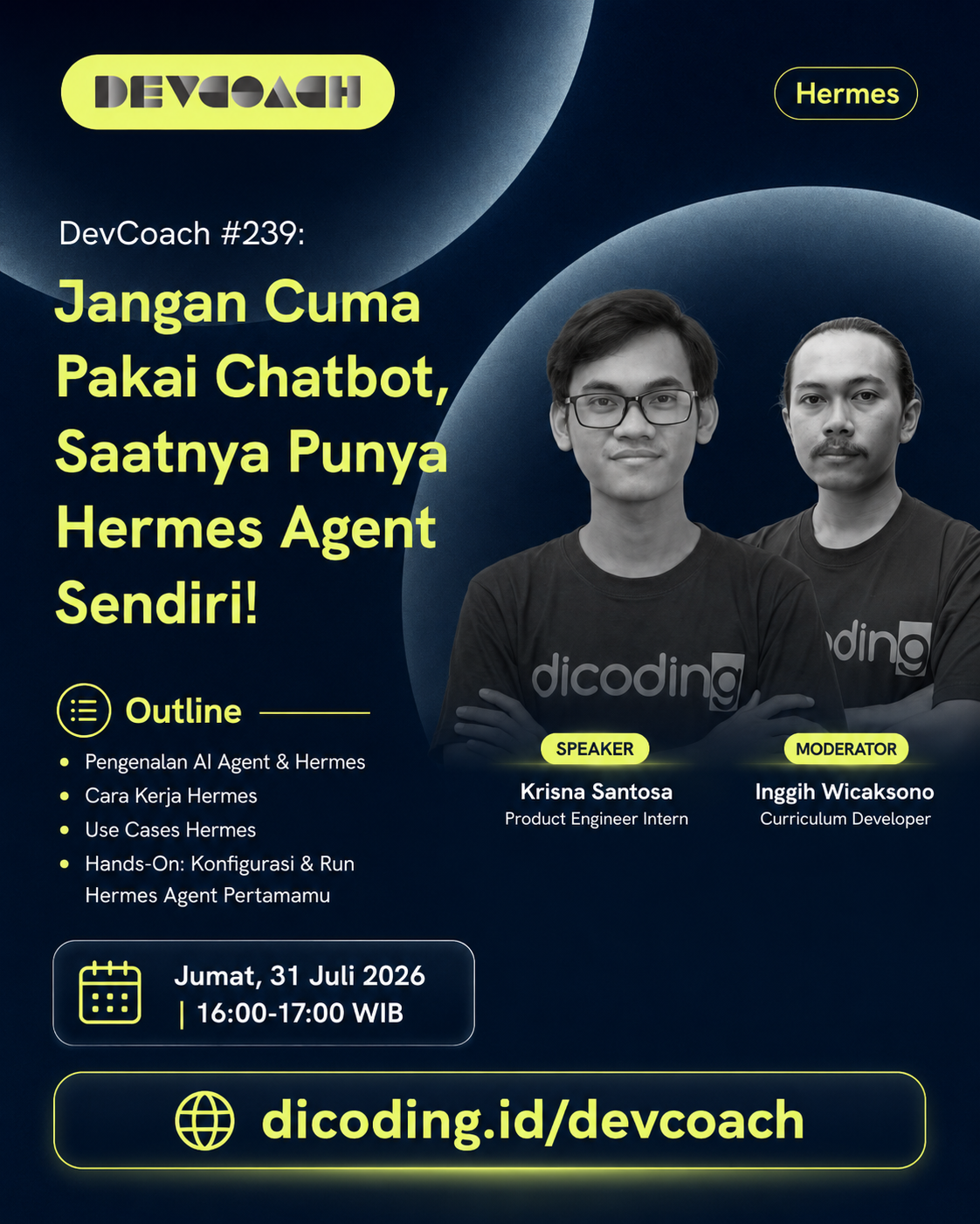 DevCoach #239 Bahas Cara Membuat Hermes AI Agent, Digelar 31 Juli 2026