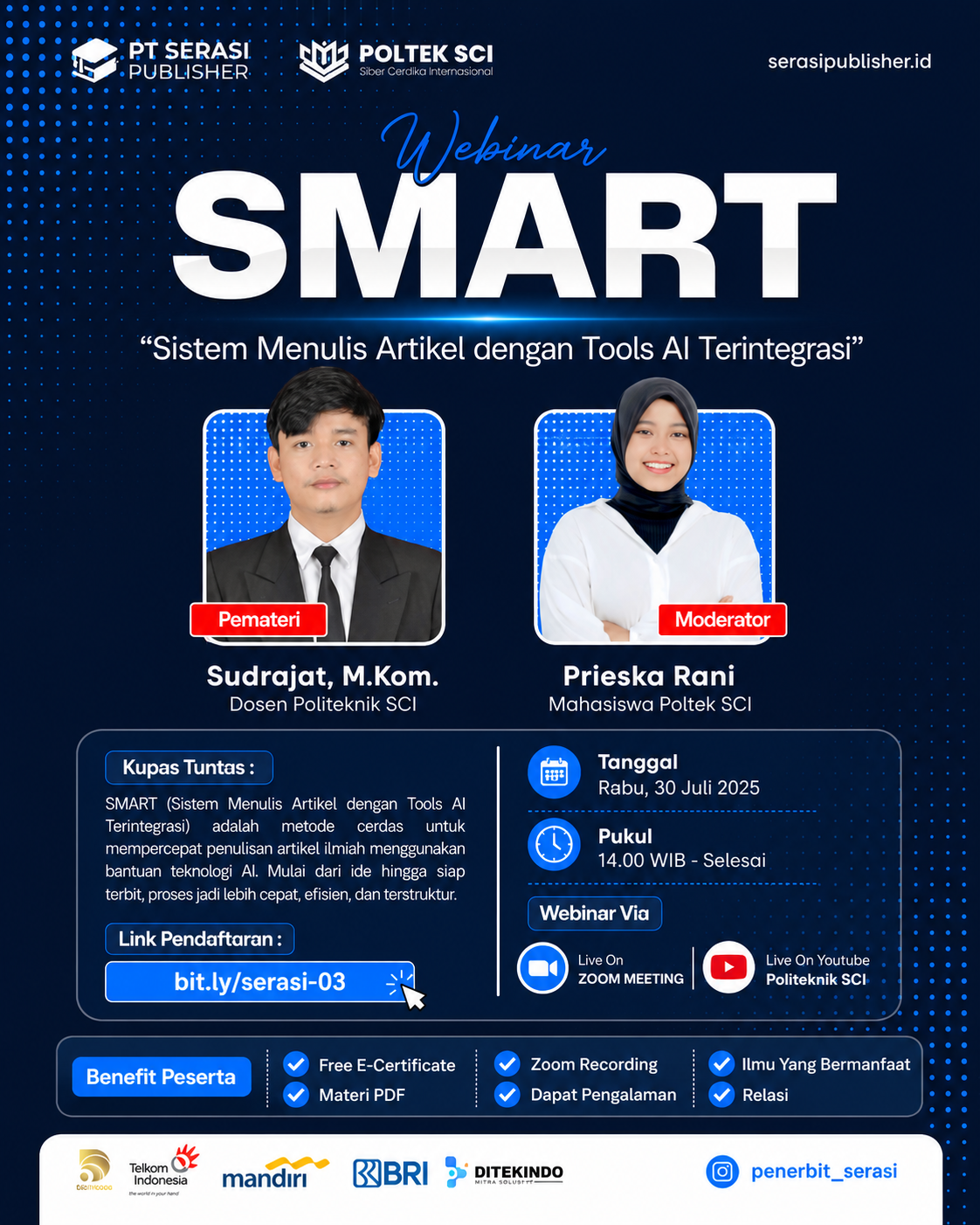 Serasi Publisher dan Politeknik SCI Gelar Webinar SMART tentang Penulisan Artikel Berbasis AI